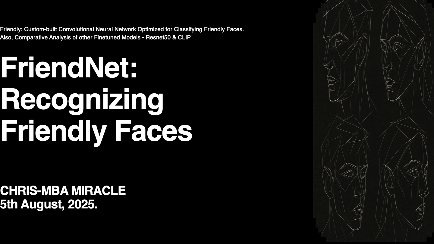 Slide 1: FriendNet: Recognizing Friendly Faces.. FriendNet is a face-recognition project that learns to identify five known friends from images. The presentation compares a custom CNN built for this dataset with two stronger pretrained approaches: ResNet50 and CLIP.